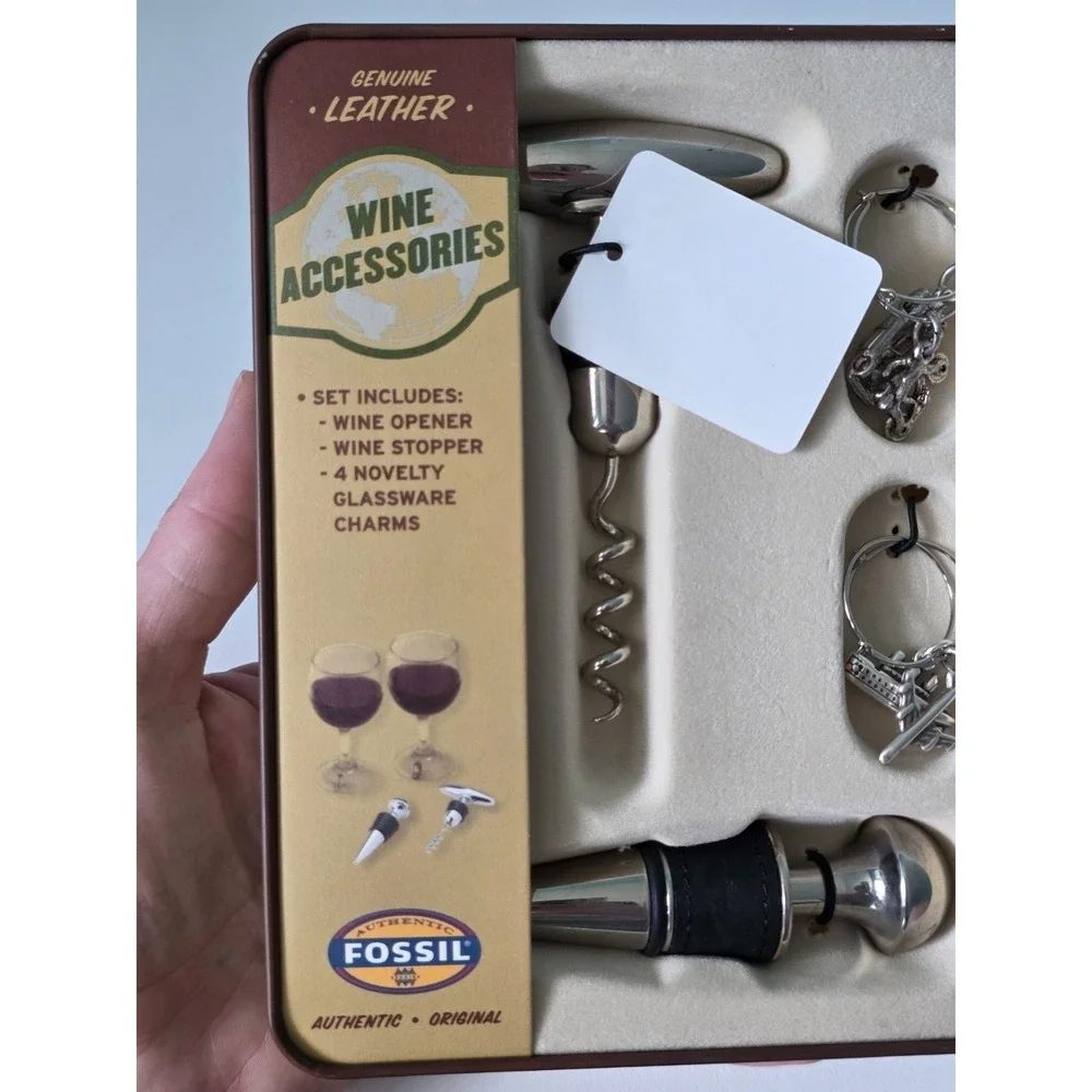 Fossil Silver Wine Accessory Kit Tin Corkscrew Stopper Charm Cork Opener Vintage